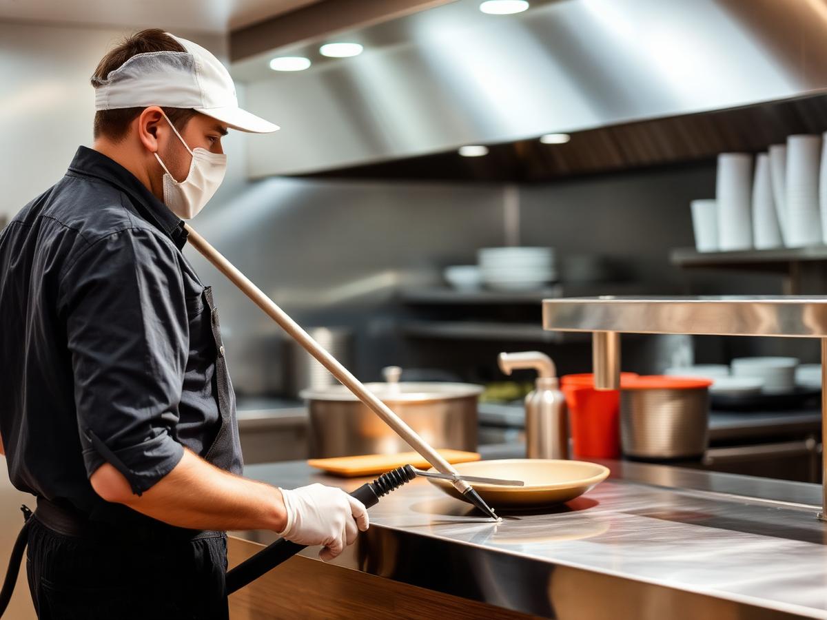 Commercial pest control technician servicing a restaurant kitchen
