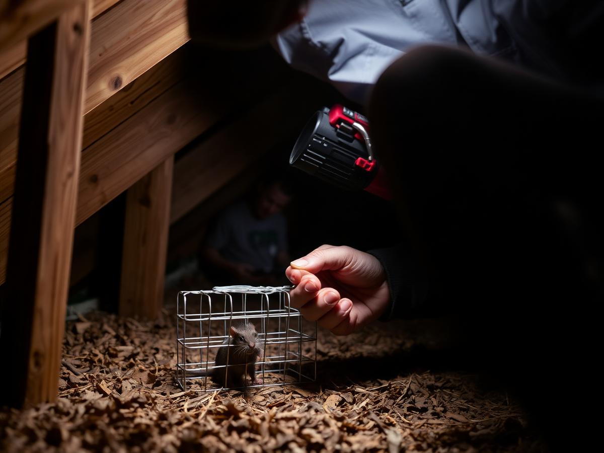 Pest control technician setting a rodent trap during an inspection